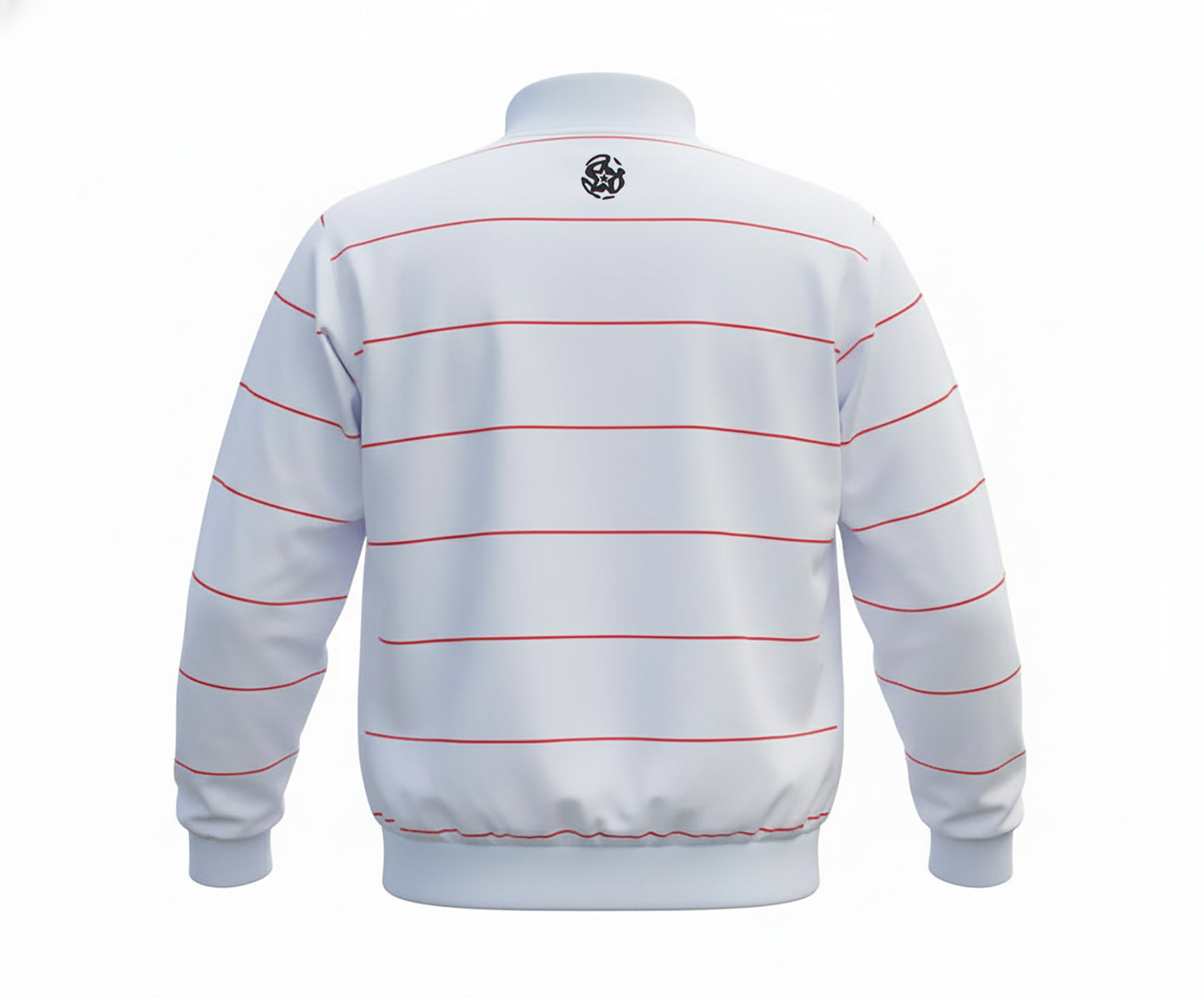 Rückseite einer weißen Trainingsjacke mit dünnen roten Horizontalstreifen, geripptem Saum und Ärmelbündchen; kleines schwarzes Força-Logo mittig im Nackenbereich.