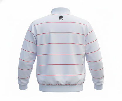 Rückseite einer weißen Trainingsjacke mit dünnen roten Horizontalstreifen, geripptem Saum und Ärmelbündchen; kleines schwarzes Força-Logo mittig im Nackenbereich.
