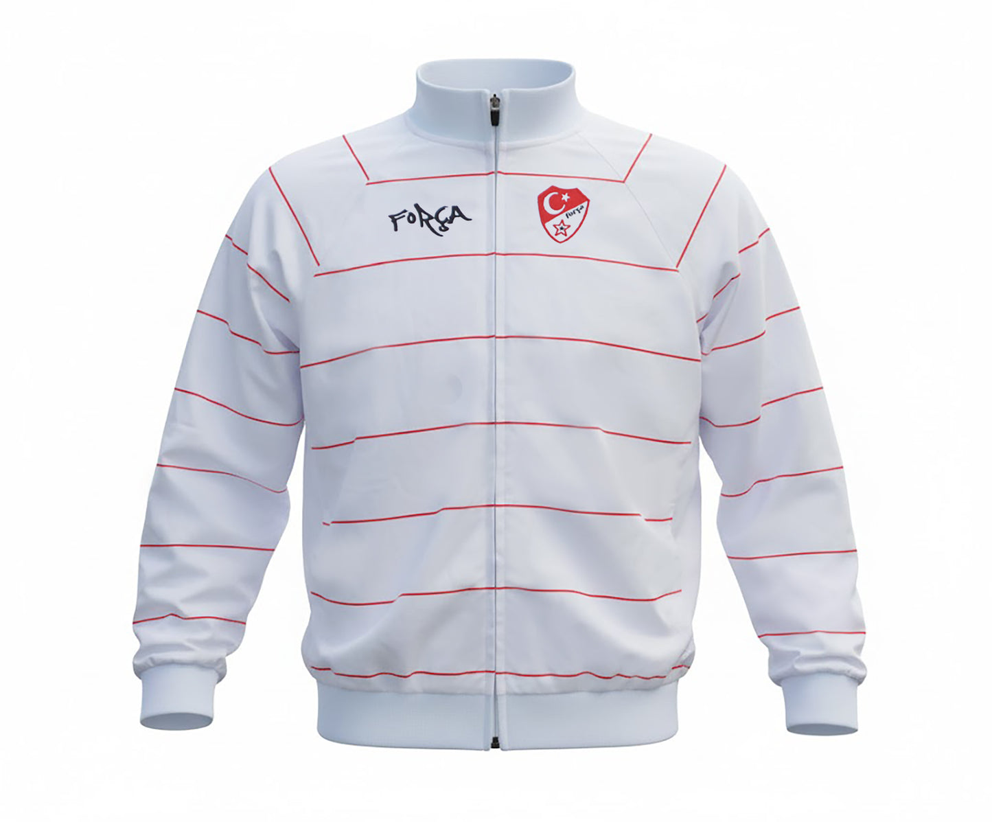 Vorderseite einer weißen Trainingsjacke mit dünnen roten Horizontalstreifen, Reißverschluss in der Mitte, gerippten Bündchen an Ärmel und Saum, schwarzer Força-Schriftzug links auf der Brust und rotem Türkei-Wappen rechts auf der Brust.