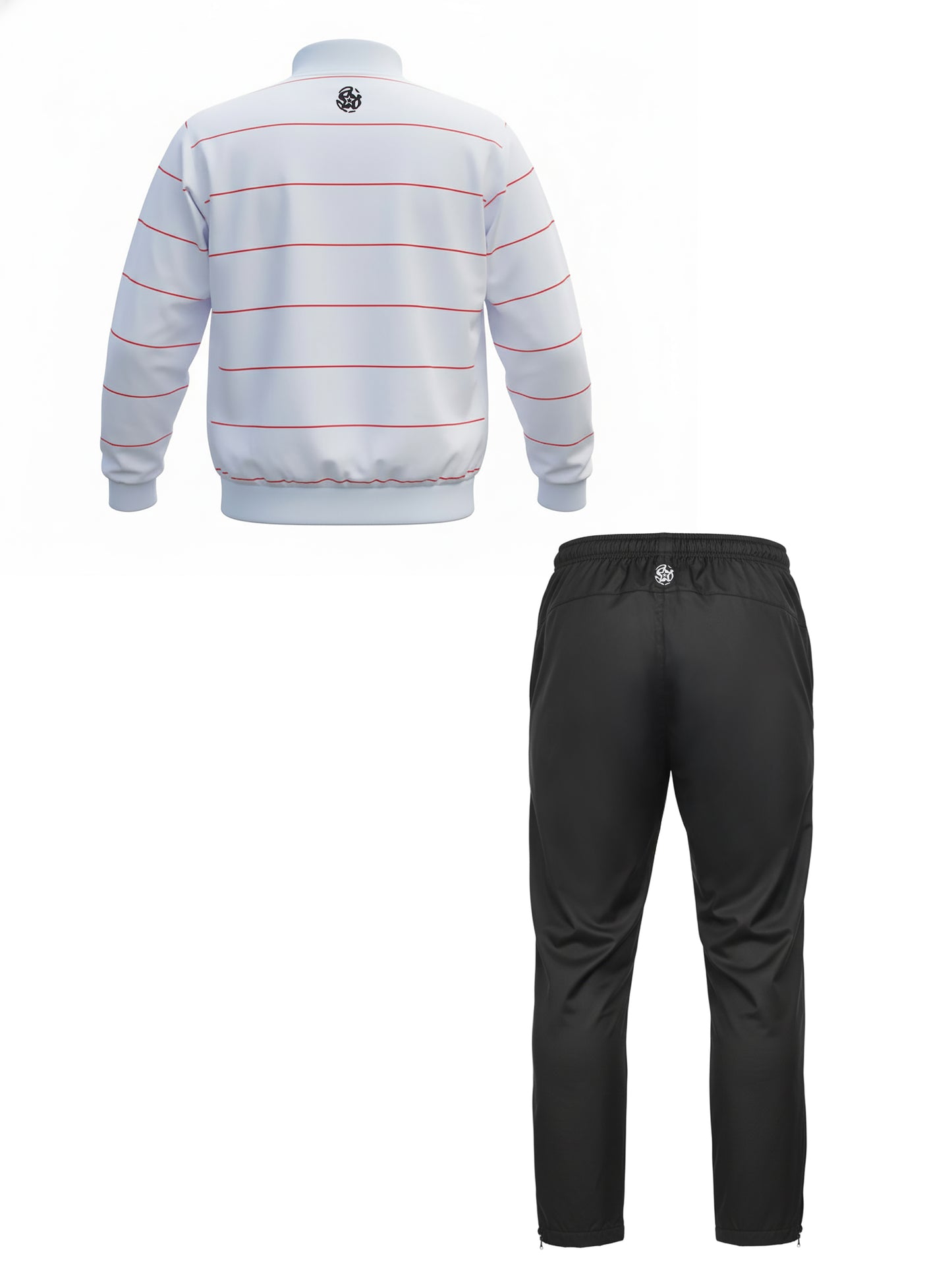 Rückansicht eines zweiteiligen Trainingsanzugs von Força: weiße Jacke mit dünnen horizontalen roten Linien, elastischem Bund und kleinem Força-Logo im Nacken; dazu schwarze, schmal geschnittene Trainingshose mit elastischem Bund und Força-Logo mittig oberhalb des Gesäßes