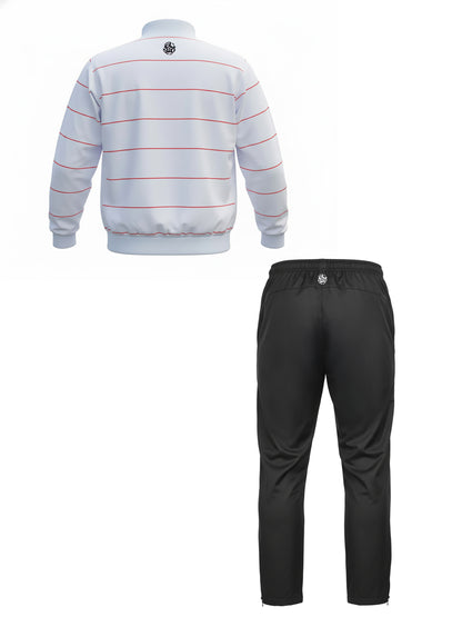 Rückansicht eines zweiteiligen Trainingsanzugs von Força: weiße Jacke mit dünnen horizontalen roten Linien, elastischem Bund und kleinem Força-Logo im Nacken; dazu schwarze, schmal geschnittene Trainingshose mit elastischem Bund und Força-Logo mittig oberhalb des Gesäßes