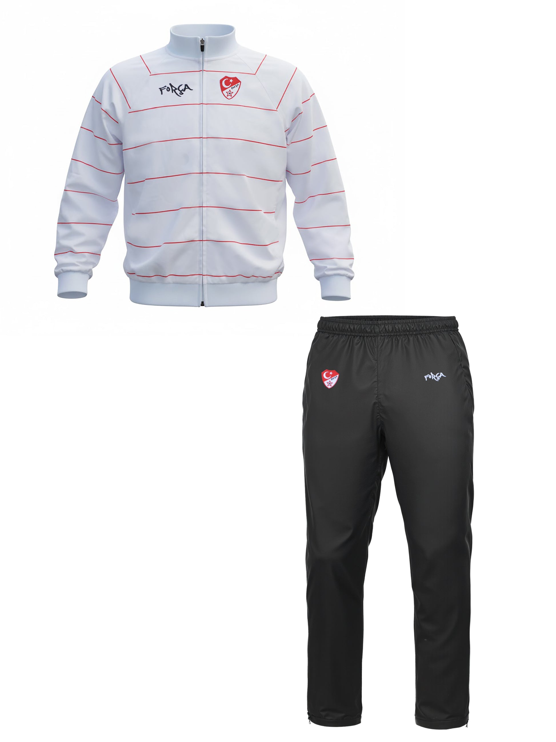 Vorderansicht eines zweiteiligen Força-Türkei-Trainingsanzugs: weiße Jacke mit roten, horizontalen Linien, Frontreißverschluss, Força-Schriftzug und rotem Türkei-Wappen auf der Brust; dazu schwarze, schmal geschnittene Trainingshose mit elastischem Bund, Força-Schriftzug und rotem Türkei-Wappen auf der Vorderseite.